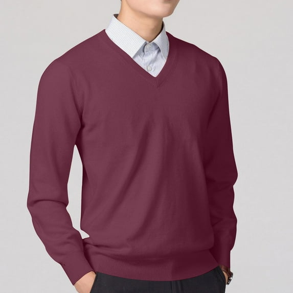 Puntoco Men's V Neck Sweater Knitted Pullover Casual Soft Lightweight Long Sleeve Dress Sweater Wine 12(XXL)