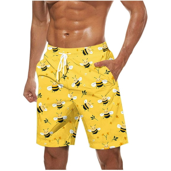 Puntoco Men short pants Clearance Men Casual Print Shorts with Pockets Elastic Waist Beach Pants Yellow XL(XL)