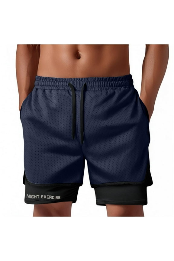 Men short pants Men Casual Solid Pocket Elastic Waist Straight Half Shorts Pants Sport Pants Dark Blue S(S)