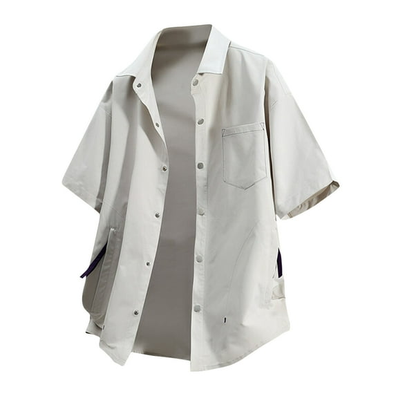 Puntoco Men summer tops Men's Button Down Short Sleeve Shirt Casual office Lapel Collar Shirt Summer Solid Color Tops with Pocket Gray XL(XL)