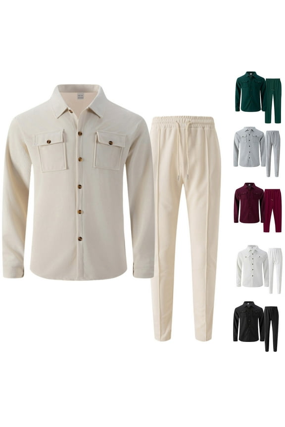 Mens 2 Piece Solid color Outfits Casual Long Sleeve Shirts and Pants Matching Set Sweatsuit White XL(XL)
