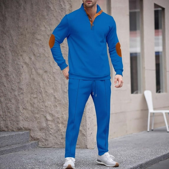 Puntoco Mens 2 Piece Tracksuit Long Sleeve Zip Polo Shirts Set Jogging Casual Sweatsuit Athletic Outfits Blue XXXL(XXXL)