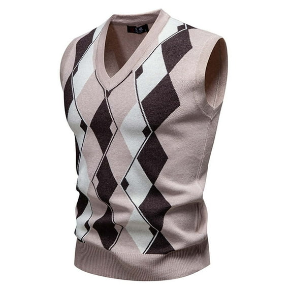 Puntoco Mens Argyle Sweater Vests Classic V-Neck Sleeveless Pullover Grey Black Knitwear Nice Tank Tops for Dad Husband Khaki XL(XL)