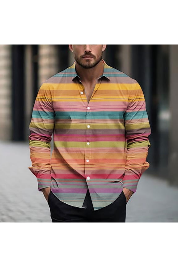 Mens Casual Button Down Dress Shirts Long Sleeve 4-Way Stretch Collared Printed Business Work Shirt Orange M(M)