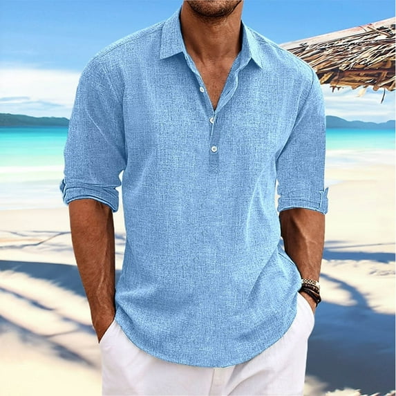 Puntoco Mens Cotton Linen Henley Shirts Long Sleeve Casual Shirt Summer Beach Hippie T-Shirt Band Collar Shirt Coats for Men Light Blue XXL(XXL)