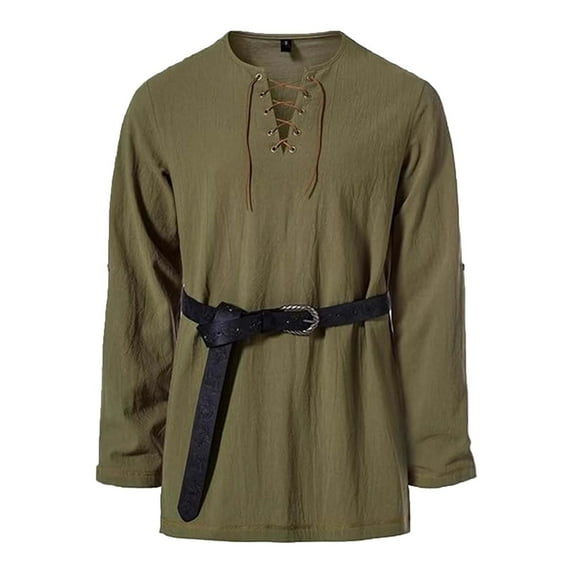 Puntoco Mens Medieval Pirate Shirt Steampunk Retro Renaissance Viking Long Sleeve Lace Up Halloween Tops Winter Clothing for Men Army Green M(M)