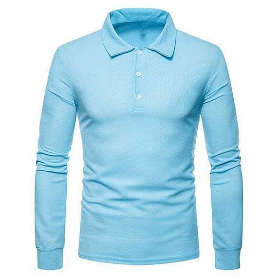 Puntoco Mens Polo Short/Long Sleeve Shirt Classic Button Basic Solid Color Designed Collared Polo Shirt Fashion Casual Shirts Light Blue 8(L)