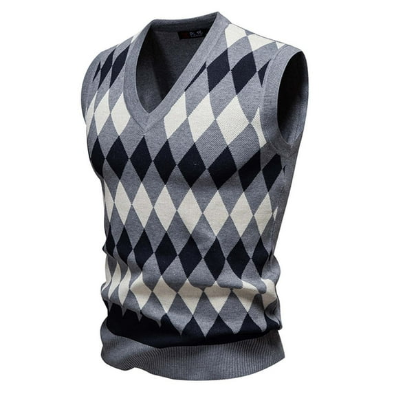 Puntoco Mens Thick Argyle Sweater Vests Classic V-Neck Knitwear Sleeveless Pullover Autumn Winter Warm Tank Tops Coats for Men Gray XL(XL)