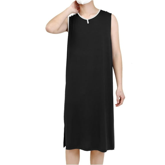 Puntoco Mens Vest pajamas Henley Y-Neck Night Shirt for Sleeping Short Sleeve Loose Kaftan Sleepwear Black L(L)