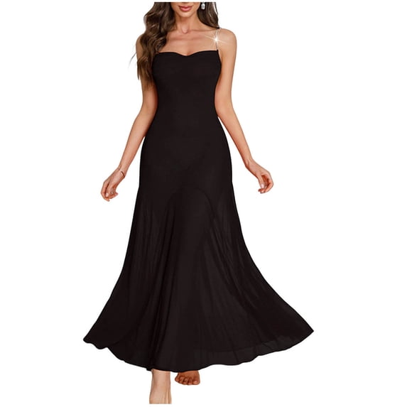 Puntoco Nightgown for Women Spaghetti Strap Cowl Neck Mesh Sheer Maxi Nightgown, Solid Spliced Chiffon Slip Dress Honeymoon Lingerie Sleepwear Black S