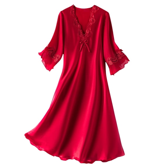 Puntoco Nightgown for Women V Neck Lace Trim Satin Nightgown Women Flounce Short Sleeve Loose Plus Size Midi Sleep Loungewear Red XL