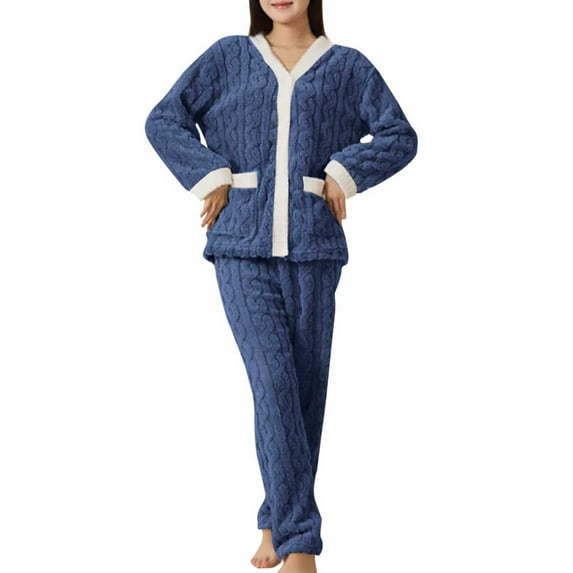 Puntoco Pajamas Set for Women Fleece Pjs Sets Button Down Sleepwear Pullover Fuzzy Pants Winter Plush Loungewear Blue-B Free Size