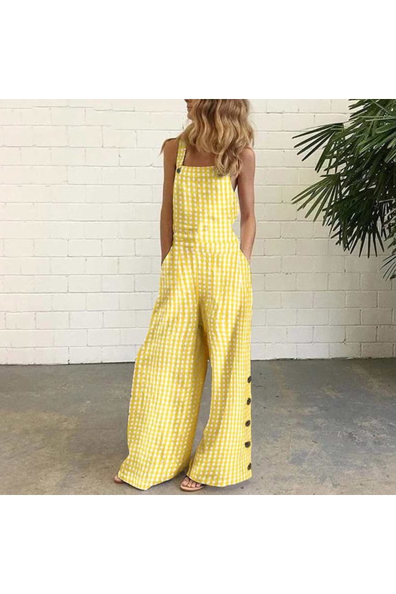 Pants for Women Women Sleeveless Overalls Jumpsuit Casual Plaid Print Summer Wide Leg Bib Pants On Clearance Yellow 6(M)