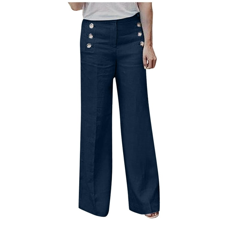 Puntoco Pants for women Clearance Women Pants Loose Elastic Button Waist  Wide Leg Pants Blue 10(XL)