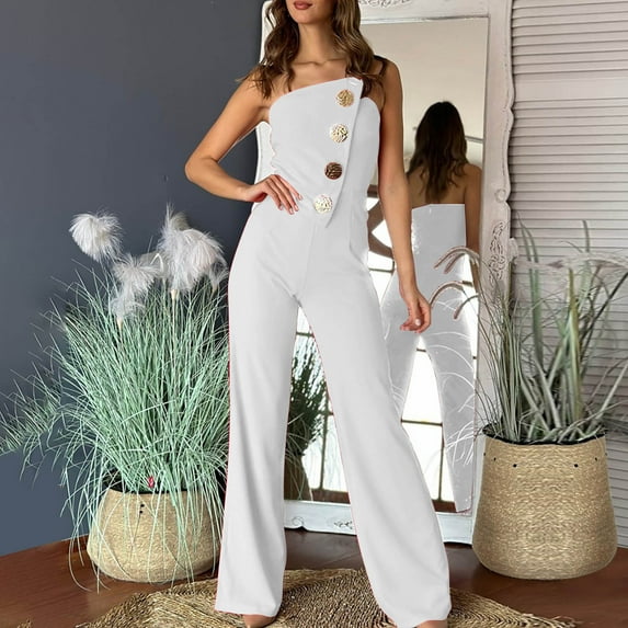 Puntoco Pants for women Jumpsuits for Women Sleeveless Buttons Solid Color Lace Up Loose Straight Pants Fashion Romper Pants White XL(XL)