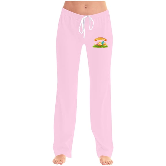 Puntoco Pants for women Ladies' Easter Printed Double Pocket Drawstring Pants Pink S(S)
