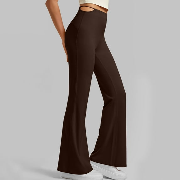 Puntoco Pants for women Palazzo Pants for Women Buttery Soft High Waisted Flare Pants Leggings Brown L(L)
