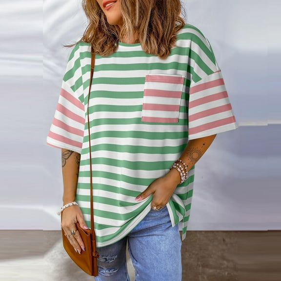 Puntoco Pants for women T Shirts for Women Striped Color Block Loose Round Neck Womens Tshirts Shirts Green 4(S)