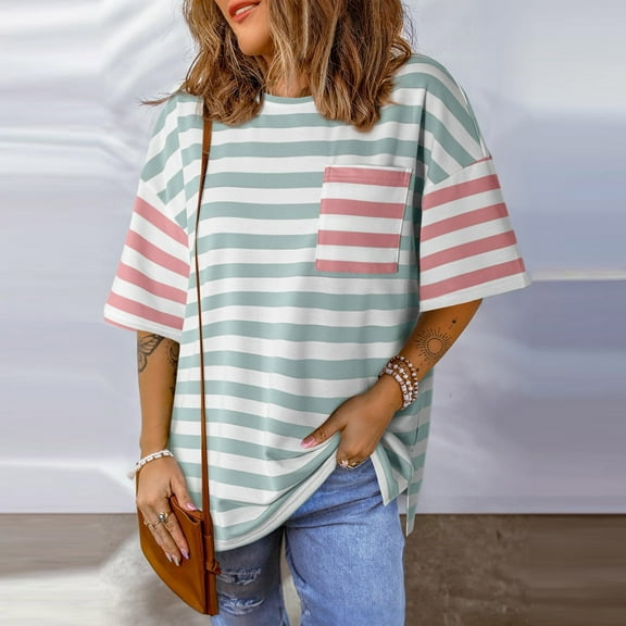 Puntoco Pants for women T Shirts for Women Striped Color Block Loose Round Neck Womens Tshirts Shirts White 8(L)