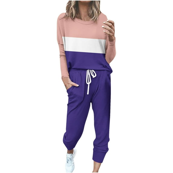 Puntoco Pants for women Women'S Round Neck Long Sleeve Top + Pants Color Blocking Home Sports Casual Yoga Suit Purple 10(XL)