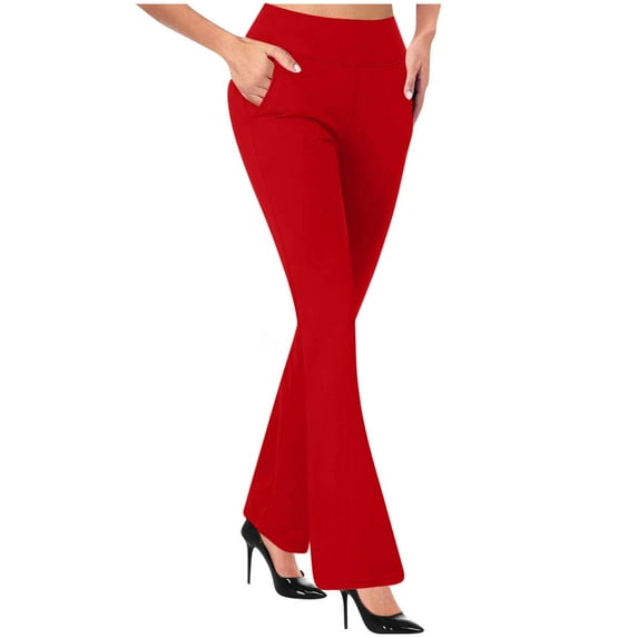 Puntoco Pants for women Women's Casual Temperament Solid Color Knitted Pull Slim Flare Trousers Red 10(XL)