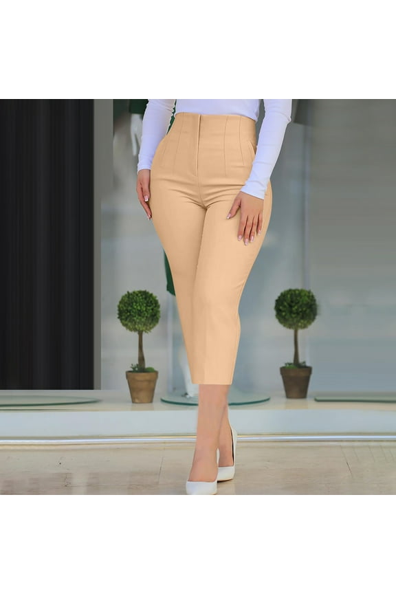 Pants for women Women's High Waisted Pants - Straight Leg Dress Trousers with Pockets and Seam Design for Business office Casual Beige S(S)