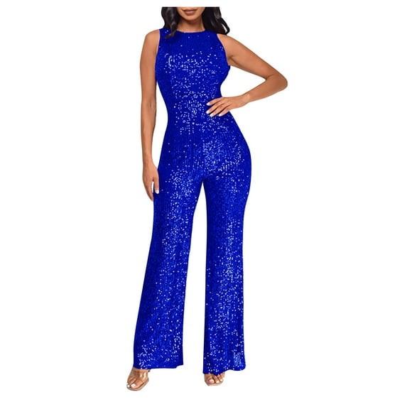 Puntoco Pants for women Women's Jumpsuit Sequins Patchwork Overlay Ruffle Sleeveless Full Length V-Neck Romper Blue 4(S)