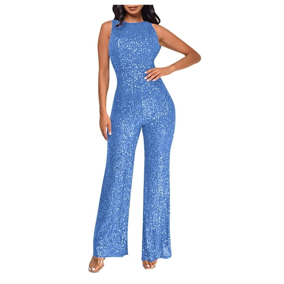 Puntoco Pants for women Women's Jumpsuit Sequins Patchwork Overlay Ruffle Sleeveless Full Length V-Neck Romper Sky Blue 10(XL)