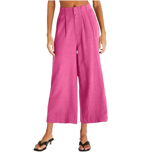 Puntoco Pants for women Women's Linen Blend Pants Wide Leg High Waist Business Casual Lounge Pant with Pockets Hot Pink 12(XXL)