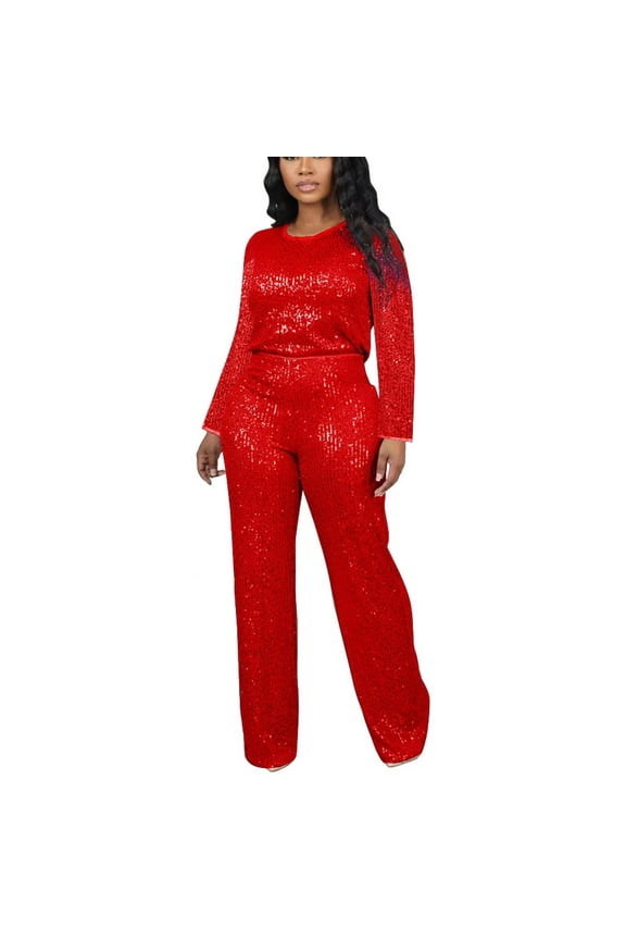 Pants for women Women's Two-Piece Sequin-Embellished Set with Short Sleeve Top and Straight Pants Red 12(XXL)