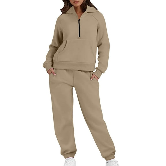 Puntoco Pants for women Women's Two-piece Set with Half Zipper Hooded Sweatshirt Oversized Sweatshirt Loose and able Sweatpants Set Khaki 12(XXL)