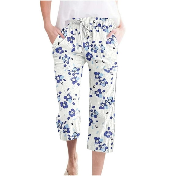 Puntoco Pants for women Women's Vintage Floral Print High Elastic Waist Wide Leg Capri Palazzo Pants with Pockets Multicolor 10(XL)