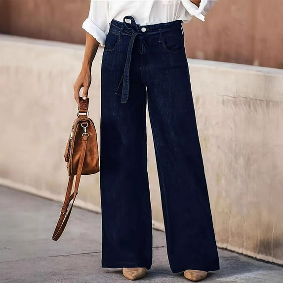 Puntoco Pants for women Women's Wide Leg Jeans High Waisted Stretchy Straight Leg Jeans Loose Trendy Denim Pants with Pocket Dark Blue 8(L)