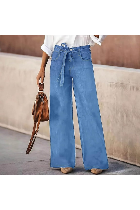 Pants for women Women's Wide Leg Jeans High Waisted Stretchy Straight Leg Jeans Loose Trendy Denim Pants with Pocket Sky Blue 8(L)