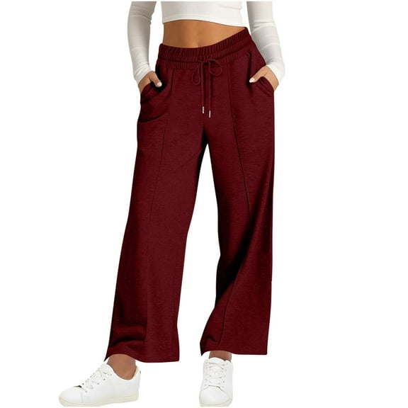 Puntoco Pants for women Women's Wide Leg Jeans,Women Trousers Full Pants Casual Straight Solid Color Loose Casual Wide Leg Pants Wine 10(XL)