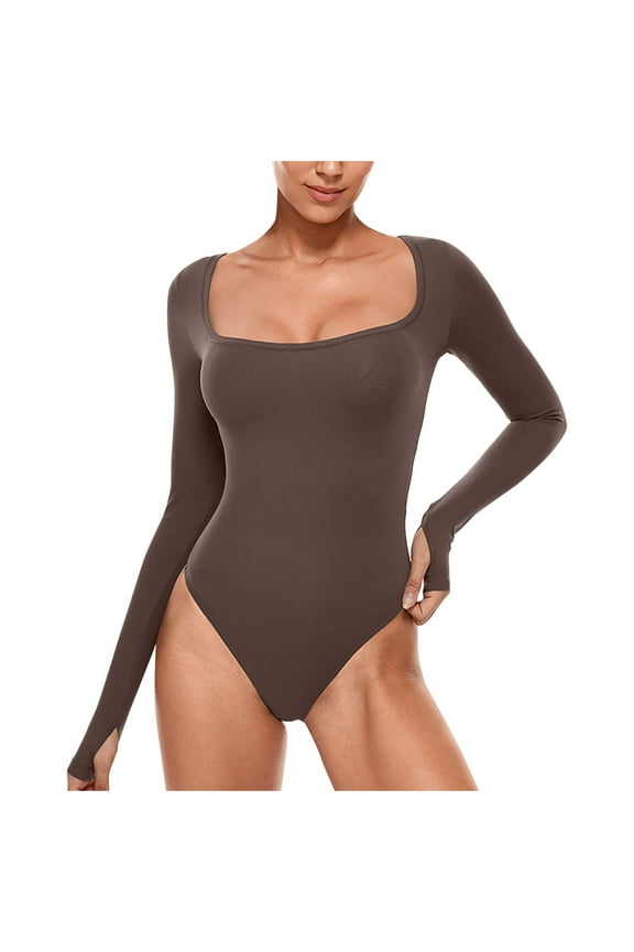 Pants for women Women's Yoga Rompers Workout Ribbed Long Sleeve Square Neck Sport Jumpsuits Rompers Brown M(M)