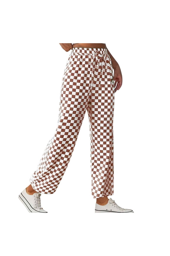 Pants for women Women's able Checkered Straight Leg Casual Pants with Wide Legs Brown 6(M)