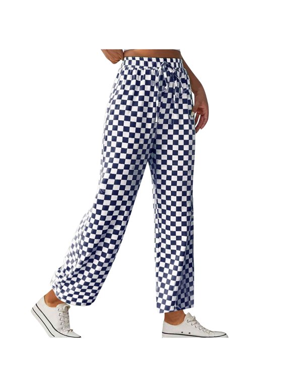 Pants for women Women's able Checkered Straight Leg Casual Pants with Wide Legs Navy 10(XL)