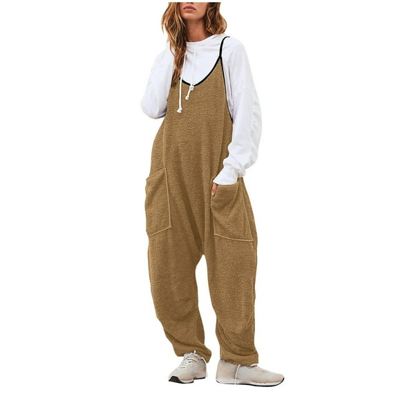 Puntoco Pants for women Women's able Solid Color Casual Loose Fitting Jumpsuit Long Sleeved V-neck Jumpsuit Casual Pajama Pocket Jumpsuit Khaki 6(M)