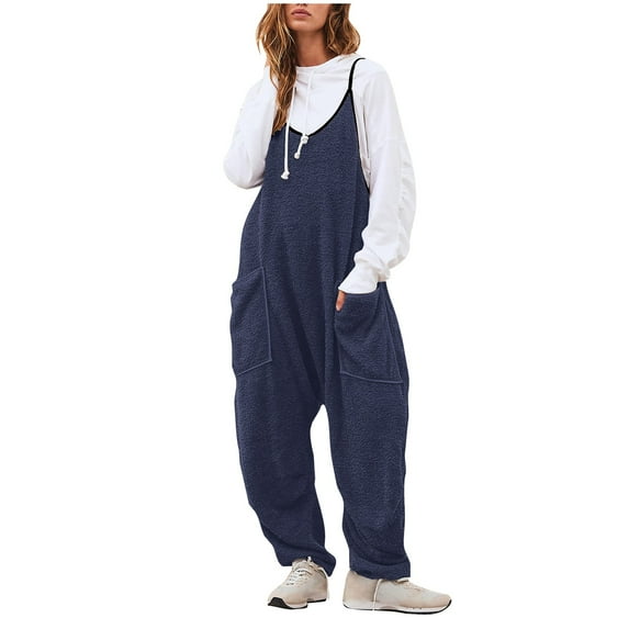 Puntoco Pants for women Women's able Solid Color Casual Loose Fitting Jumpsuit Long Sleeved V-neck Jumpsuit Casual Pajama Pocket Jumpsuit Navy 4(S)