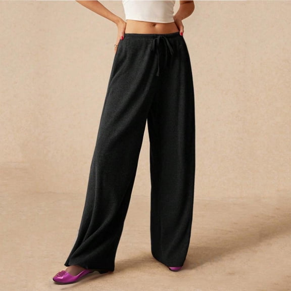 Puntoco Pants for women Women's solid color comfortable drape elastic waist pocket drawstring wide leg skateboard pants casual pants Black 4(S)