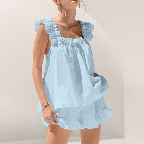 Puntoco Pants for women Womens Summer 2 Piece Set Fashion Ruffle Trim Cami and Casual Shorts Set Cotton Pajama Sets Blue 10(XL)