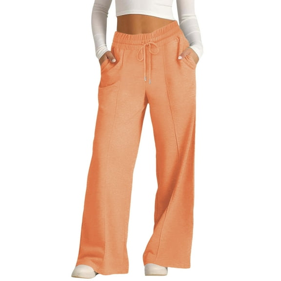 Puntoco Pants for women Womens Wide Leg Sweatpants High Waisted Baggy Lounge Pants Drawstring Athletic Flared Joggers with Pockets Orange 4(S)