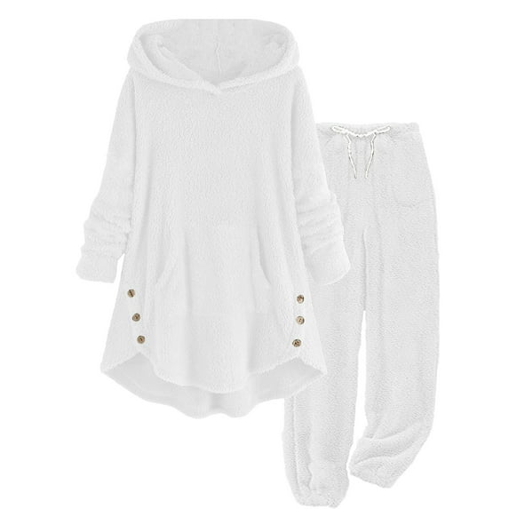Puntoco Pants for women and Winter Plush and Plush Warm Hoodie 2-piece Set Solid Color Set Long Sleeve Hoodie Set White 10(XL)