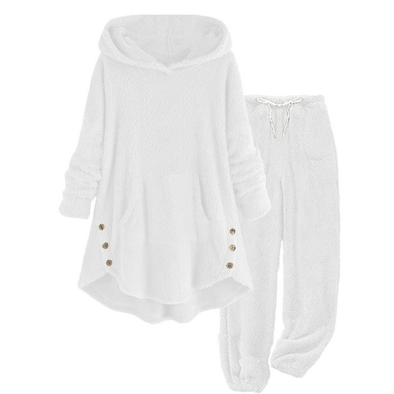 Puntoco Pants for women and Winter Plush and Plush Warm Hoodie 2-piece Set Solid Color Set Long Sleeve Hoodie Set White 10(XL)