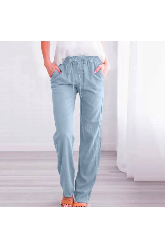 Pants for women Straight Leg Linen Pants Women Summer Lightweight Drawstring High Waist Plus Size Pants Loose Comfy Boho Beach Pants Light Blue 4(S)