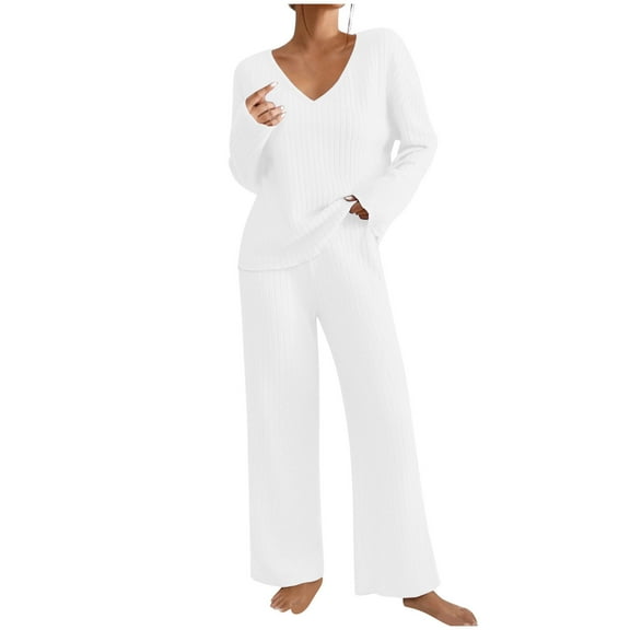 Puntoco Pants for women Women's 2 Piece Outfits Long Sleeve V Neck Knit Pullover Sweater Top High Waist Wide Legs Pants Sweatsuit Lounge Sets White 10(XL)