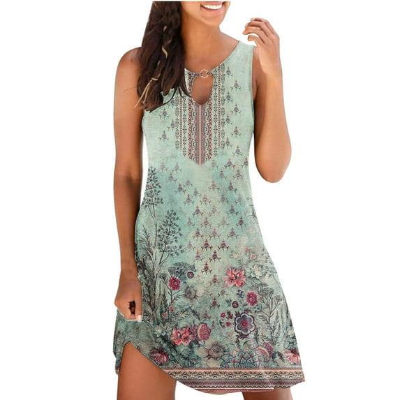 Puntoco Plus Size Clearance Women Loose Summer Floral Printed Tank Dress Hollow Out Beach Sundress Sleeveless Dresses Beige 4(S)