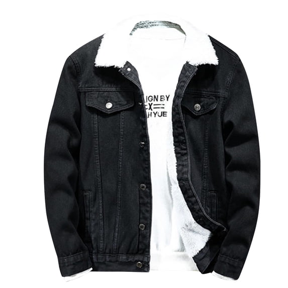 Puntoco Plus Size Coat Clearance Men Solid Thick Denim Jacket Plus Fleece Turndown Jacket Pocket Coat Black 4(M)