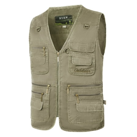 Puntoco Plus Size Coat Clearance Men's Outdoor Vest Leisure Jacket Lightweight Vest with Zip Many Pockets Khaki 18(XXXXXL)
